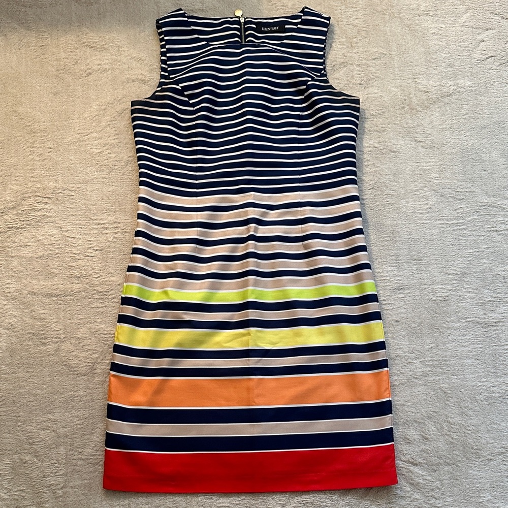 Ellen Tracy Navy and Multicolor Striped Dress to the knee